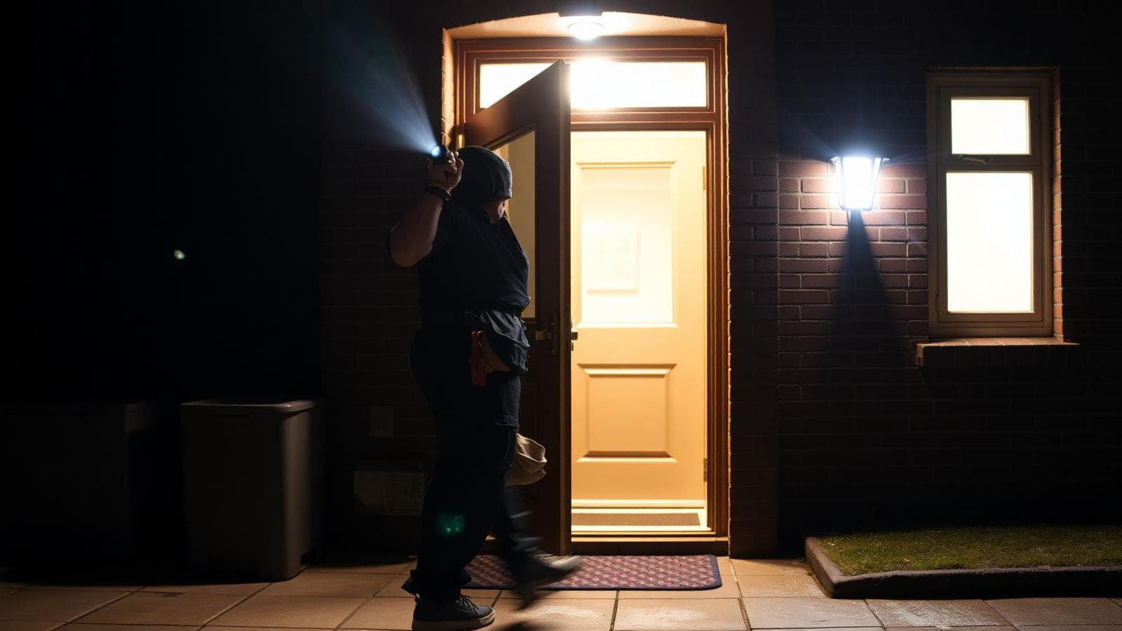 Emergency repair engineer attending a property at night